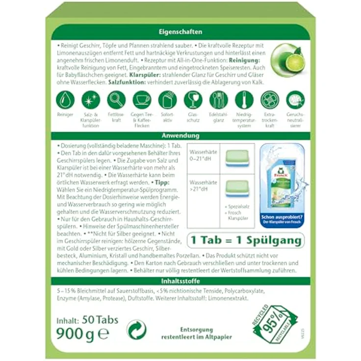 FROSCH Limonen Geschirrspül-Tabs, 50 Tabs - Alles-in-1 Geschirrspülmittel für kraftvolle Reinigung und frischen Limonenduft – Bild 2