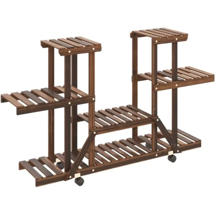 vidaXL Blumenständer, Pflanzständer mit Rollen 110x25x78 cm Massivholz Tanne, Karbonisiertes Braun, mit drehbaren Rollen – Bild 6