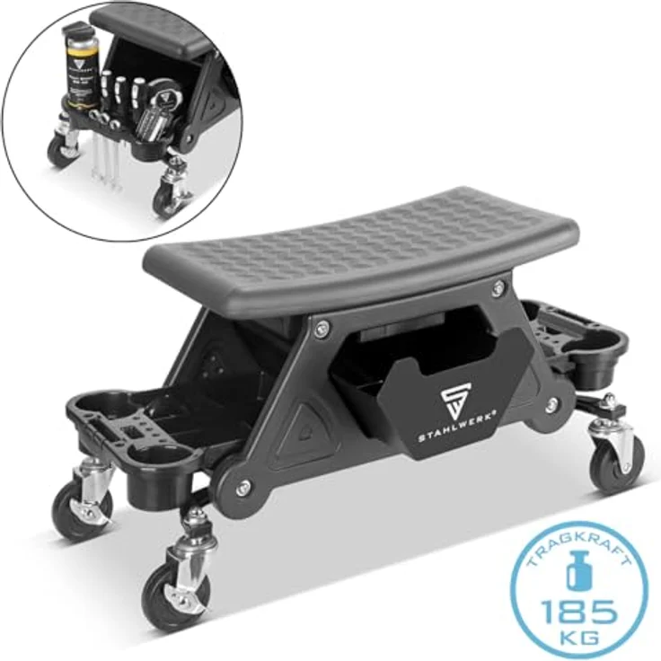 Stahlwerk WRS-185 Werkstatthocker, Rollhocker mit 185 kg Tragkraft und geräumiger Schublade, schwarz – Bild 2