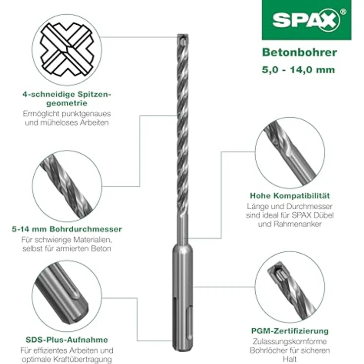 SPAX Betonbohrer vierschneidig 6x260 mm, SDS-Plus-Aufnahme, hohe Bohrgeschwindigkeit, ideal für armierten Beton, 1 Stück – Bild 2
