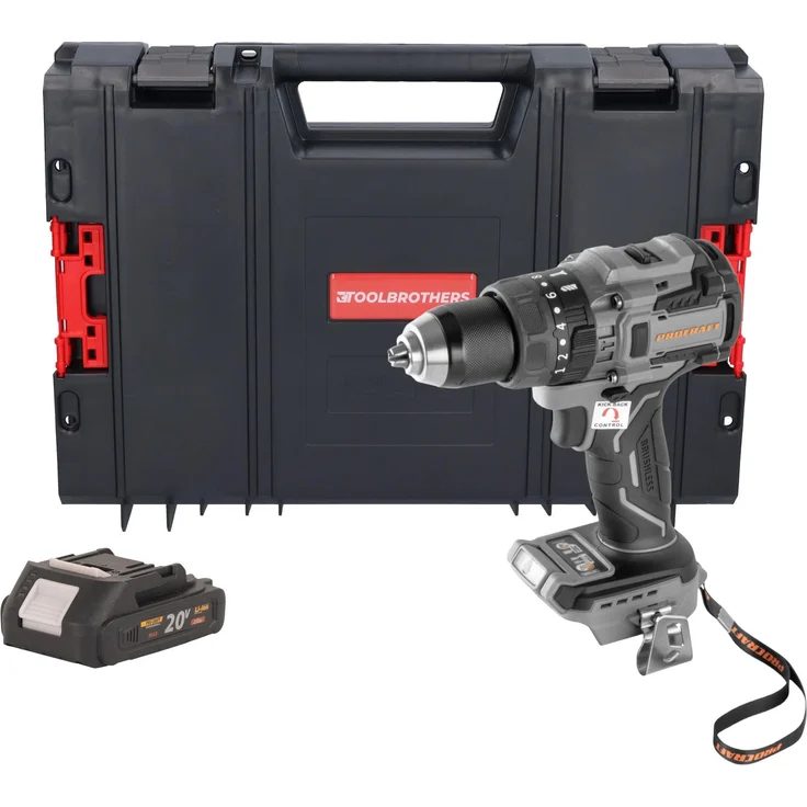 Procraft Industrial CD20B-BB Akku Bohrschrauber 20 V 150 Nm Brushless mit 1x 2,0 Ah Akku und RHINO Toolcase - ohne Ladegerät