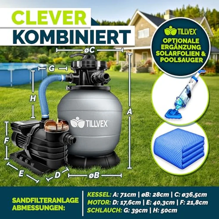 tillvex Sandfilteranlage 13.200L/h, selbstansaugend mit 1200g Filterbällen, 7-Wege Ventil und 2-in-1 Adapter Ø32-38mm für Pools bis 40.000L – Bild 2