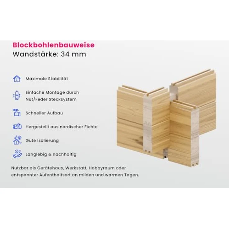 Alpholz Gartenhaus Gabriel-34 400 x 300 cm, BxT: 428x367 cm, B 428 x T 367 x H 263 cm, Leimholz-Doppeltür, Doppelfenster, 34 mm Wandstärke, grau imprägniert - Preisvergleich – Bild 8