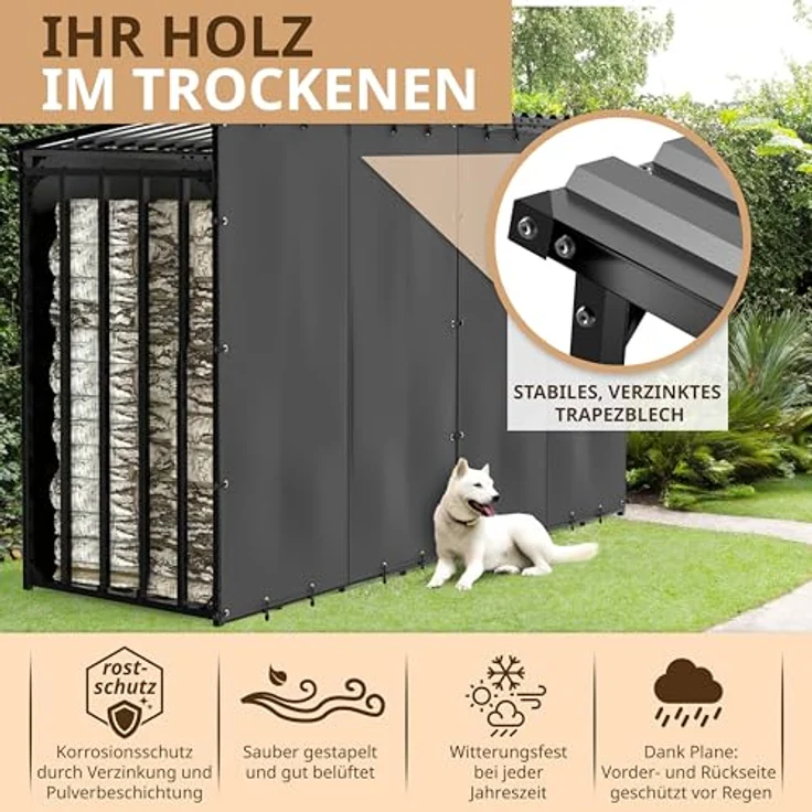 LAWA Kaminholzregal Metall mit Dach, verzinkt, wetterfest, Anthrazit, 300x105x185cm für 5m³ Brennholz, maximale Stapelflexibilität, inklusive optionalem Wetterschutzplanen-Set – Bild 4
