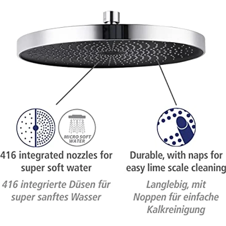 WENKO Softwater Duschkopf, Regenduschkopf, Universalbrause spritzarm und leise in der Funktion, Duschbrause, super sanftes Wasser dank mehr Düsen am Brausekopf, Duschkopf Ø 26 cm, ABS Chrom/Schwarz – Bild 3