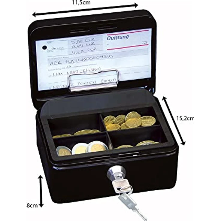 Wedo 145121H Geldkassette (aus pulverbeschichtetem Stahl, versenkbarer Griff, Geldnoten- und Belegeklammer, 4 -Fächer-Münzeinsatz, Sicherheits-Zylinderschloss, 15,2 x 11,5 x 8,0 cm) schwarz – Bild 4