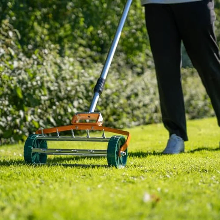 T-Mech Belüfter und rollender Rasennivellierer I 3.8cm Spitzen I 100cm x 32cm Orangefarbener Nivellierrechen, Abnehmbarer, ausziehbarer Doppelzweck-Griff – Bild 4