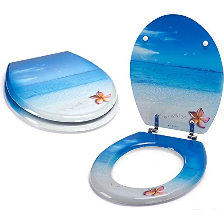 MSV WC-Sitz Paradise, MDF, 42,5 cm x 36,5 cm x 5 cm, mit Edelstahl-Scharnieren, blau, hygienische Oberfläche, feuchtigkeitsbeständig – Bild 8