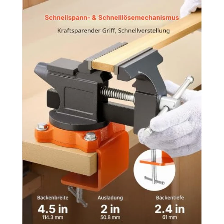 VEVOR Schraubstock 114,3mm, Tischschraubstock mit 270°-Schwenkbasis, Gusseisenkonstruktion für Holzbearbeitungs-, Metallbohr- und Schneidearbeiten – Bild 4