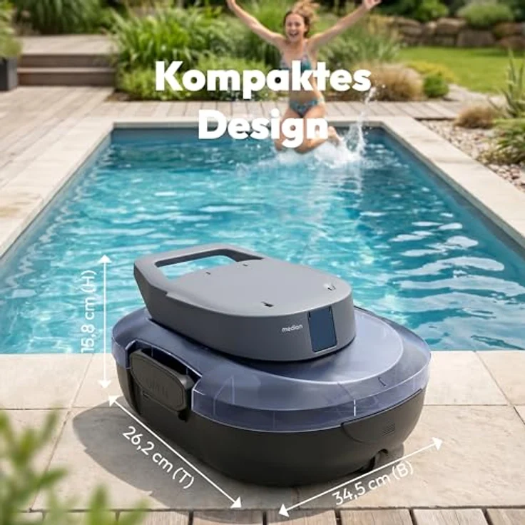 MEDION PR1 Poolroboter Akku, für Aufstellpool, Bodenreinigung, One-Click-Bedienung, Selbstparkfunktion, 120 Min Akkulaufzeit, 2,2 L Filterkapazität, blau, inkl. Ladegerät & Haken – Bild 6