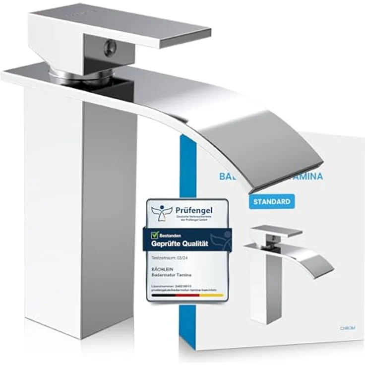 Bächlein Badarmatur Tamina, Wasserfall-Design Einhebelmischer mit Keramikkartusche und Montage-Set, Chrom – Bild 1