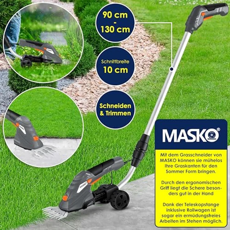 MASKO Grasschere Strauchschere Set mit Akku 7,2V 2000mA-h + Ladegerät - elektrische Garten Heckenschere Rasenschere Inkl. Grasmesser + Strauchmesser inkl. Teleskopstange 90-130 cm mit Rädern Grau - Preisvergleich – Bild 5