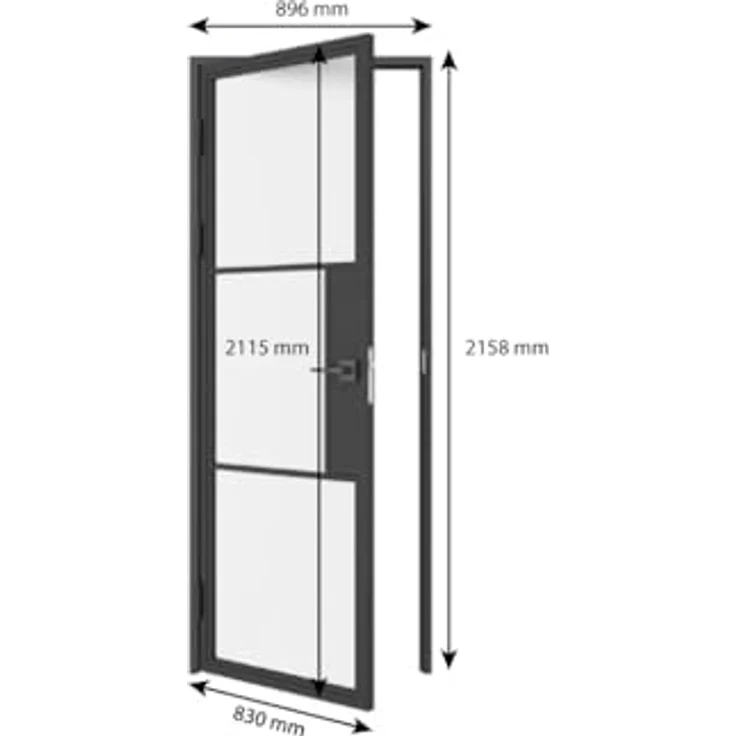 inova Glastür satiniert Komplettset 830x2115mm DIN links, Türschloss Drehtür mit schwarz pulverbeschichtetem Beschlag und Zarge, kratz- und stoßbeständig – Bild 2