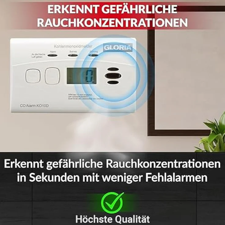 Gloria Gloria KO10D Kohlenmonoxid-Melder inkl. 10 Jahres-Batterie Gasmelder, mit Digitalanzeige und Ereignisspeicher – Bild 3