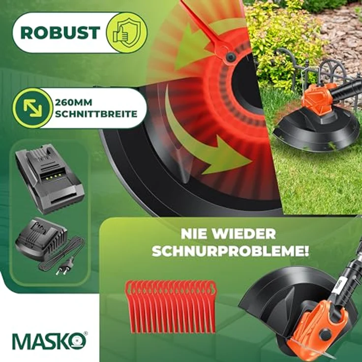 MASKO Akku-Rasentrimmer mit 20 V Li-Akku, 2,0 Ah Akku und Ladegerät, Motorsense 26 cm Schnittkreis, 180° Trimmwinkel, Teleskop-Stiel & Zusatzhandgriff, inkl. 20 Messer Kunststoffklinge Orange – Bild 4