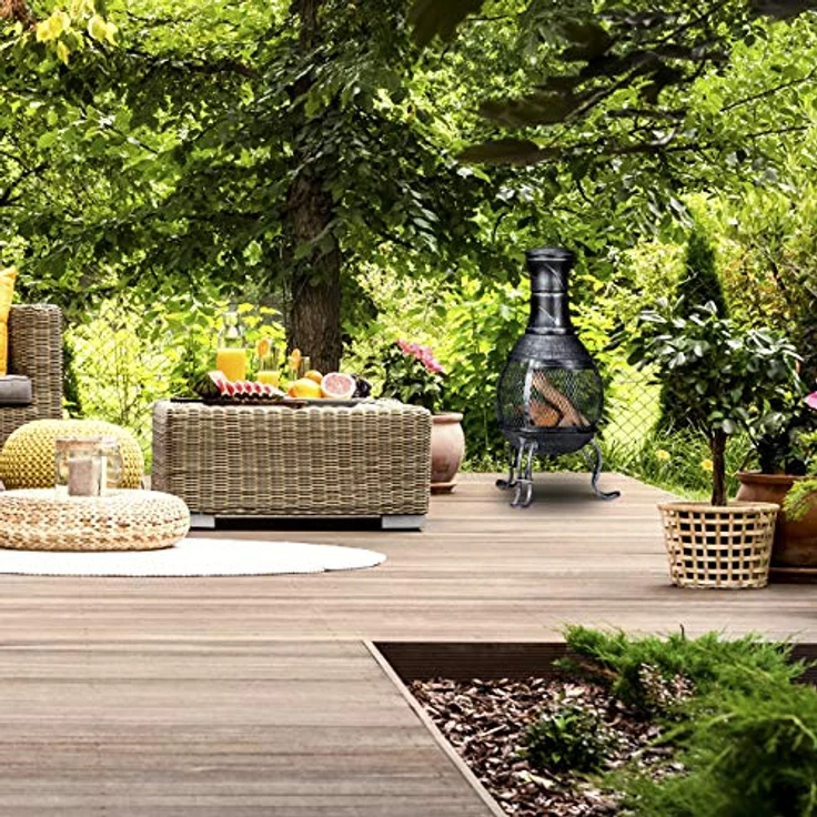 relaxdays Feuerschale Aztekenofen für Garten grau, Terrassenkamin mit Funkenschutz und Schürhaken – Bild 3