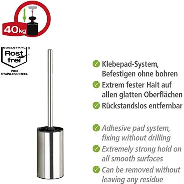 WENKO Turbo-Loc® Edelstahl WC-Garnitur Detroit, Wand WC-Garnitur ohne Bohren, Anbringung mit Spezial-Klebepad, inkl. WC-Bürste, glänzend – Bild 3