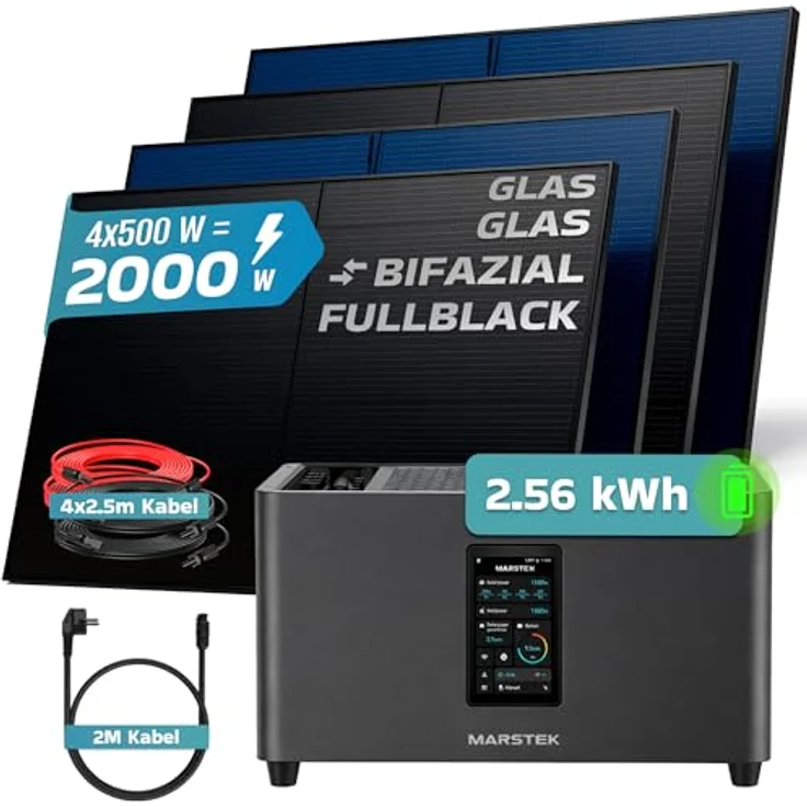SUNNIVA® 2000W Balkonkraftwerk MARSTEK Jupiter C + Plus, 2,56 kWh Speicher, BIFAZIAL FULLBLACK, Komplettset mit 4x 500W N-Type Glas-Glas Bifacial – Bild 2