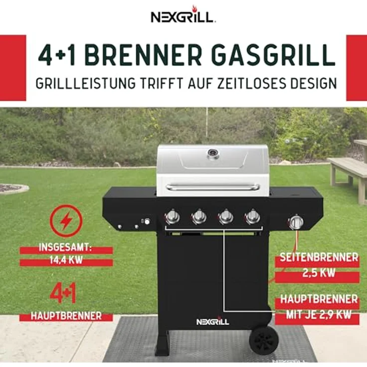 Nexgrill Classic 4-Brenner Gasgrill mit Seitenbrenner, Edelstahl, porzellanbeschichtete Gusseisenroste, Even-Heat-System, ideal für Garten und Balkon – Bild 2