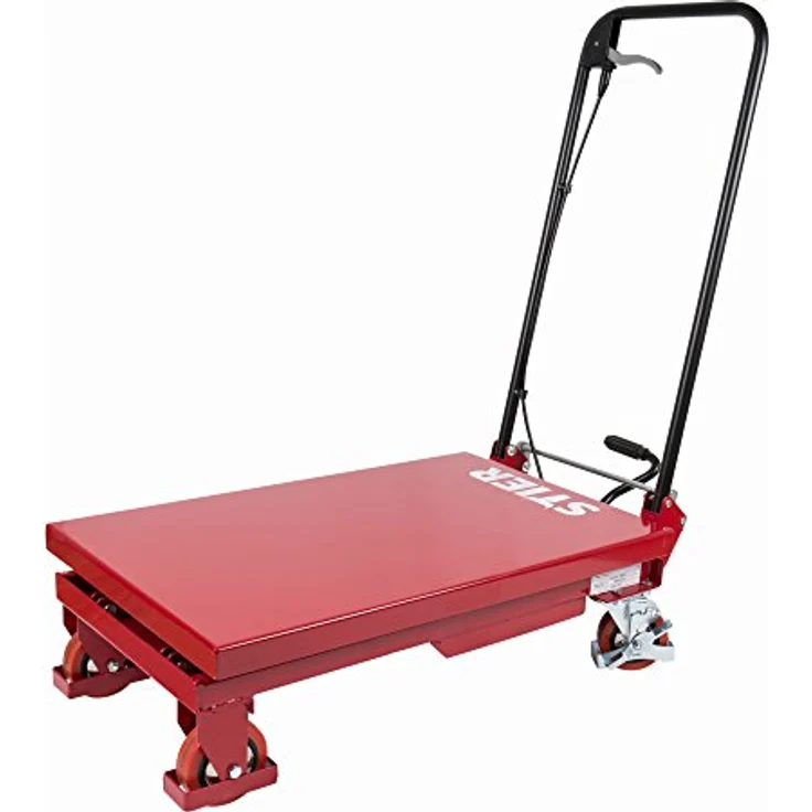STIER Doppelscheren-Hubtischwagen, hydraulisch, Traglast bis 150 kg, Plattform 700x450 mm, Hubbereich 220-720 mm, klappbarer Bügel, Polyurethan-Bereifung – Bild 2
