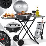 KESSER elektrischer Elektrogrill 2in1 Tischgrill - Standgrill mit Deckel und Standfuß max. 2400 Watt Faltbar Thermometer Antihaftbeschichtung Grillplatte Abstelltische 2 Räder  Silber