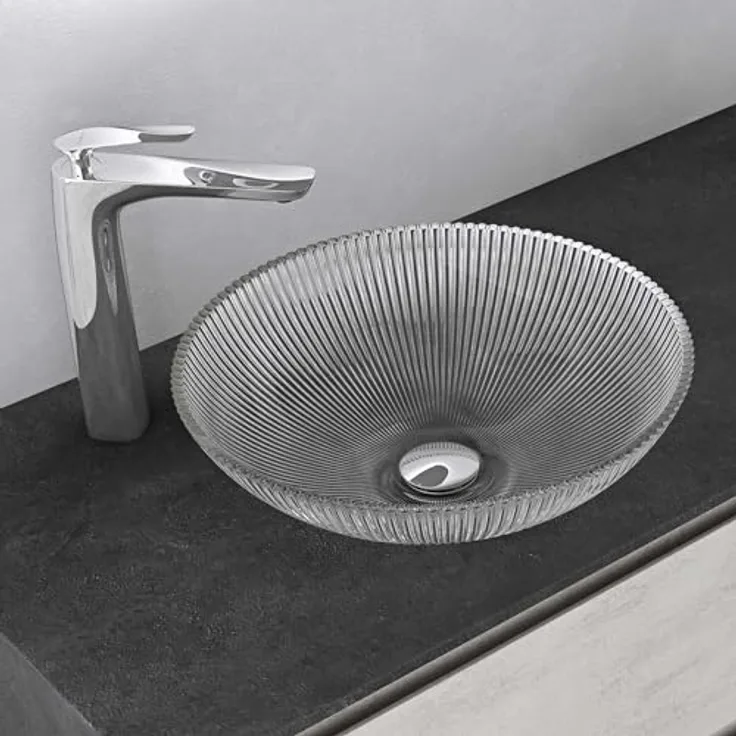 Mai & Mai Aufsatzwaschbecken Glaswaschbecken Waschbecken Glas Handwaschbecken Rund Waschschale für Badezimmer Gäste WC ohne Hahnloch BxTxH 40x40x12 cm Transparent Minerva06