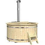 Finntherm Holz Badefass Bergen, Hot Tub Ø 200 x 101 cm, inkl. Edelstahl-Ofen 22 kW und Einstiegsleiter, 6-8 Personen, Schwimmbecken, Badebottich