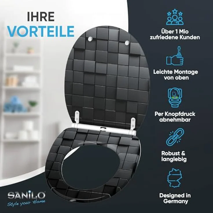 Sanilo WC Sitz Top Fix Cube, mit Absenkautomatik, bruchfestem Holz, antibakterieller Beschichtung, 4-seitig bedruckt, pflegeleicht – Bild 2