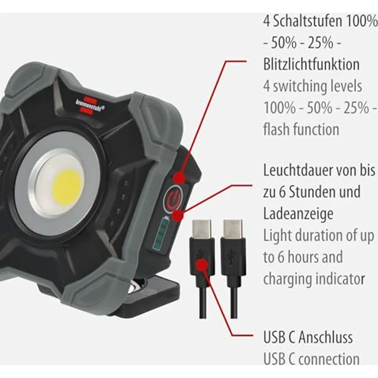 Brennenstuhl Akku LED Arbeitsstrahler SH 1000 MAC, 1000lm, IP54, Magnet und Karabinerring, robustes Gehäuse, schwarz – Bild 3