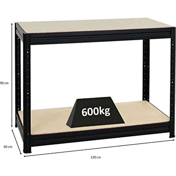 PROREGAL® Werkbank DINO, Höhenverstellbare Werkbank 90x120x60cm, Traglast 600kg, Schwarz, Einlegeböden in 5 cm Schritten einstellbar – Bild 3