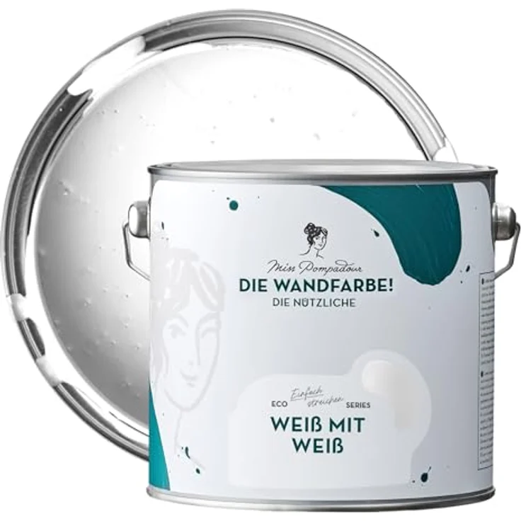 MissPompadour Wandfarbe Weiß mit Weiß, abwaschbare und scheuerbeständige Wandfarbe, 2,5 L, hohe Deckkraft, wasserbasiert – Bild 1