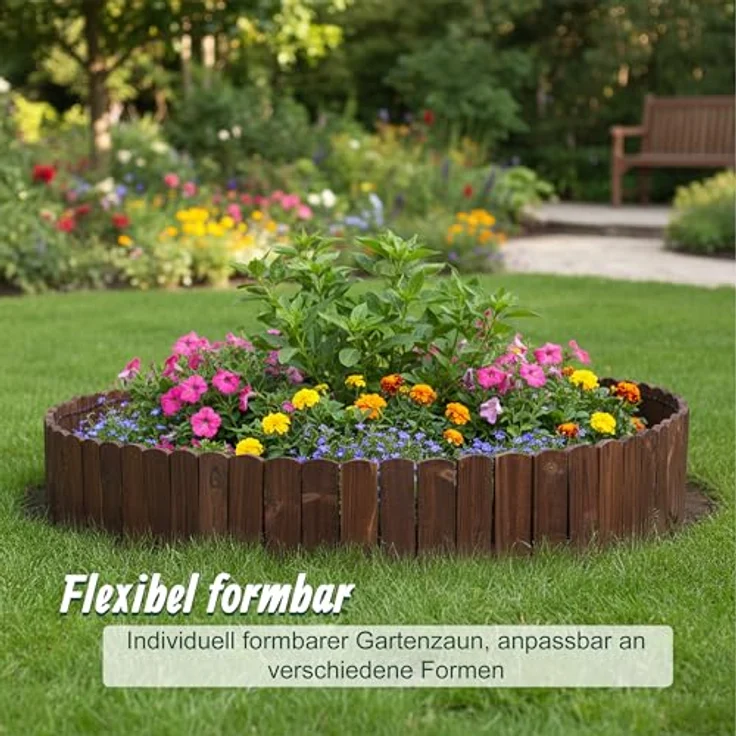 Relaxdays Beeteinfassung, 200 cm flexibler Beetzaun aus Tannenholz, Sichthöhe 10 cm, Dunkelbraun, zum Stecken mit Erdspießen – Bild 5