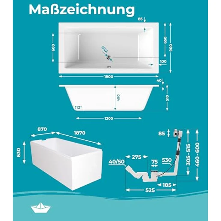 Calmwaters Rechteck Badewanne Komplettset 190x90 cm mit Wannenträger & Ablaufgarnitur, Duo-Badewanne für 2, Set Acryl-Badewanne komplett, Modern – Bild 6