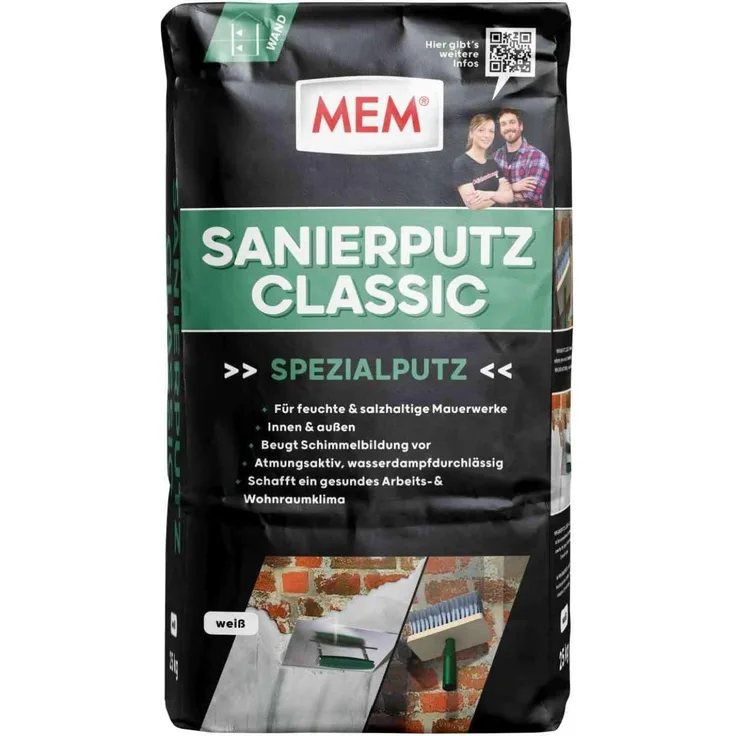 MEM Bauchemie Sanierputz Classic Weiß, 25 kg, atmungsaktiver Sanierputz für feuchte Ziegel- und Natursteinmauerwerke