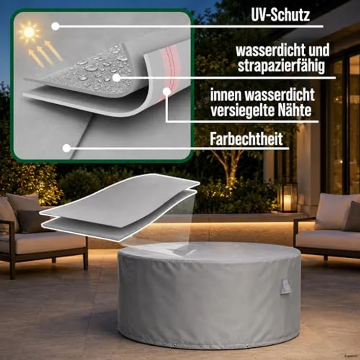 Mehr Garten Feuertisch Abdeckung rund, 103 x 55 cm, wasserfestes 600D Oxford Material, UV-beständig und winterfest – Bild 3