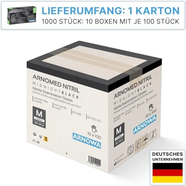 ARNOMED Einweghandschuhe Nitril Schwarz, 1000 Stück (10x100), puderfrei, Gr. M, lebensmittelecht, latexfrei, reißfest, hygienisch – Bild 2
