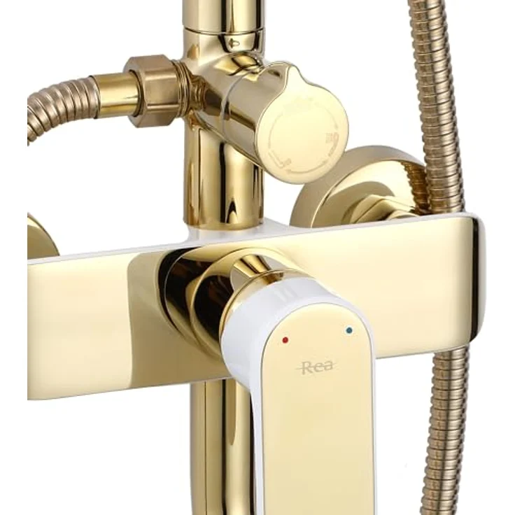 Rea Duschsystem BLOOM WHITE GOLD, Duschset mit Duscharmatur, Duschkopf und Kopfbrause aus Messing, Anti-Kalk Düsensystem, Aufputzmontage, Weiß/Gold – Bild 5