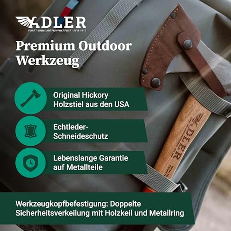Adler Rheinlandbeil inkl. Lederschutz: Geschmiedetes Holzbeil aus C60-Stahl, Anti-Rutsch Outdoor-Beil, Grün/schwarz, 600 g – Bild 4