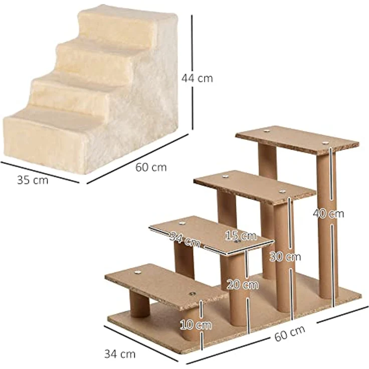 PawHut Haustiertreppe 4-stufige Hunderampe mit Abnehmbarer Bezug Katzentreppe Hundetreppe Tiertreppe Plüsch Beige 60 x 35 x 44 cm – Bild 3