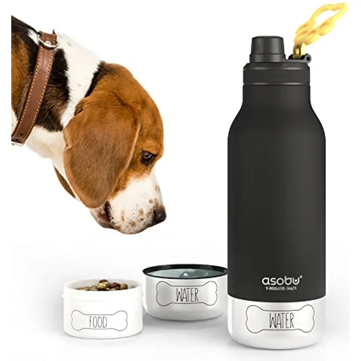 Asobu - Dog Bowl Buddy - Edelstahlflasche mit 2 Näpfen Schwarz