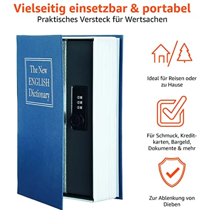 Amazon Basics Buch-Safe mit Kombinationsschloss, 5.6 x 15.5 x 23.9 cm, Blau, ideal für Wertsachen und Dokumente – Bild 3