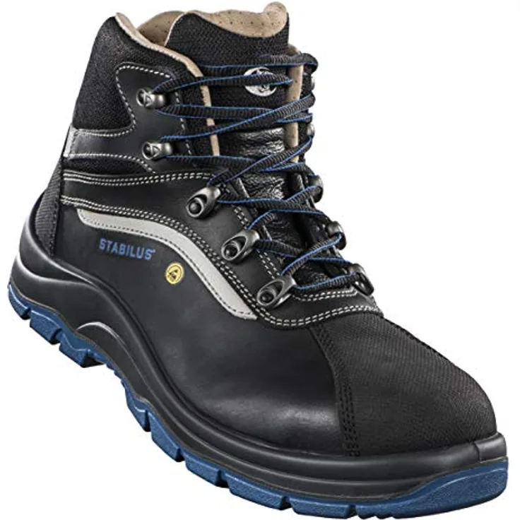 Stabilus SPARTACUS MID, Sicherheitsstiefel S3, Schwarz/Blau, Grösse 40, Rindleder, ESD, EN ISO 20345, durchtrittshemmende Gewebebrandsohle, Vibratec-Dämpfung, metallfreie Zehenschutzkappe