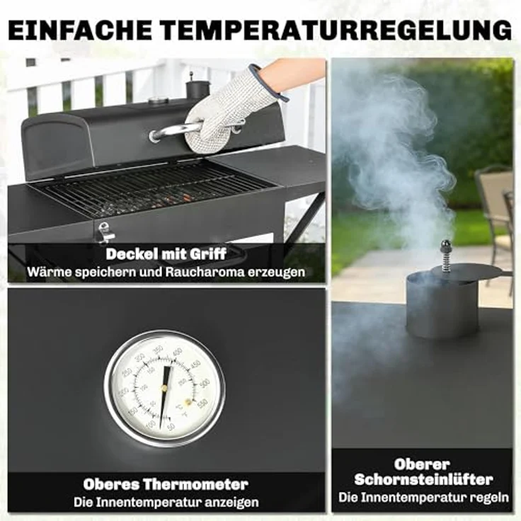 Outsunny Holzkohlegrill BBQ Smoker mit Deckel, 46x31 cm Grillfläche, 2 Seitentischen, Thermometer, Räder, Schwarz, 110 x 46,5 x 101 cm – Bild 4