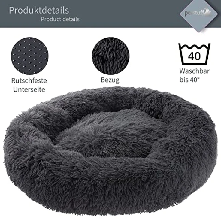 Petstuff Hundekissen Rund Donut, rutschfest, flauschig, waschbar, Farb- u. Größenwahl, dunkelgrau, Ø 60 cm – Bild 5