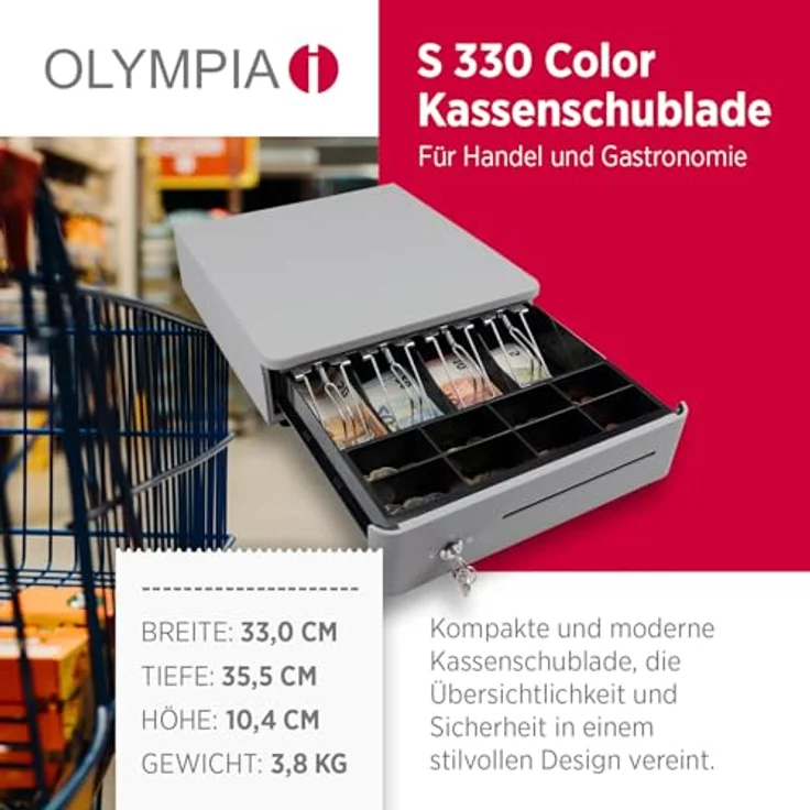 Olympia S 330 Color Geldkassette, Kassenlade mit 8 Münzfächern, 4 Scheinfächern, Mikroschalter, 3 Schlüsselpositionen, Weiß – Bild 2
