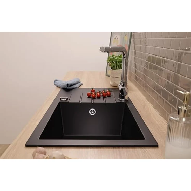 Respekta Almonto Küchenspüle Einbauspüle Granit Massiv 76 x 43 cm, Schwarz, lebensmittelecht, hitzebeständig, kratz- und stoßfest – Bild 5