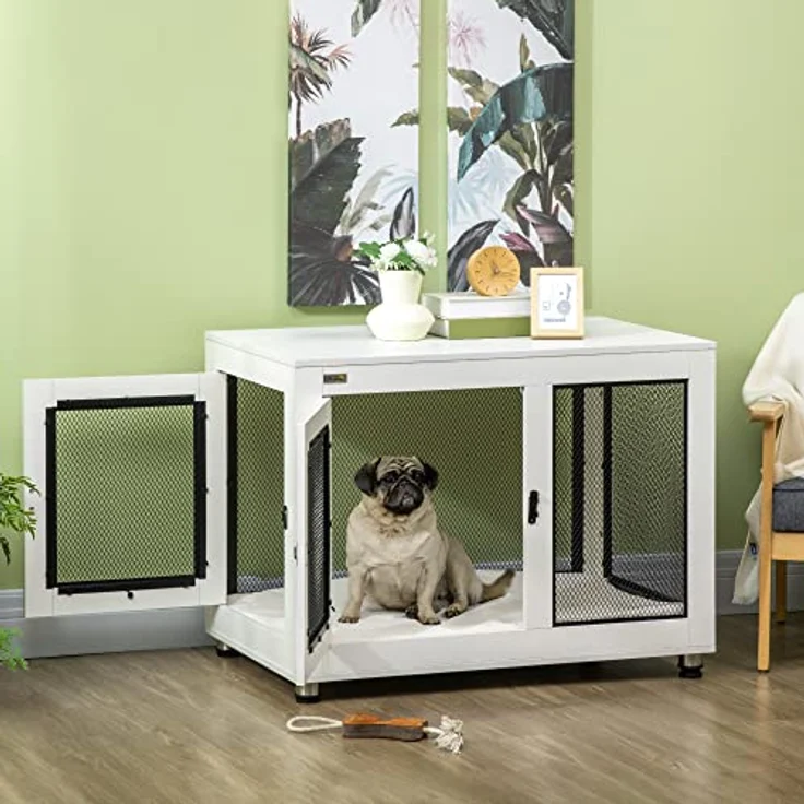 PawHut Hundekäfig, Haustierkäfig, Hundehaus, Hundehütte mit Kissen, Hundebox Indoor, Tierkäfig mit 2 Türen für kleine Hunde bis mittelgroße Hunde, Weiß+Schwarz, 94 x 60 x 71,5 cm – Bild 2
