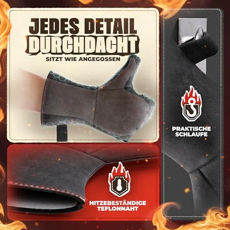 achilles Grillhandschuhe Grillhandschuh Kaminhandschuh mit Isolierung Ofenhanschuh aus Leder, hitzeresistent, Universalgröße, Baumwollfutter – Bild 7
