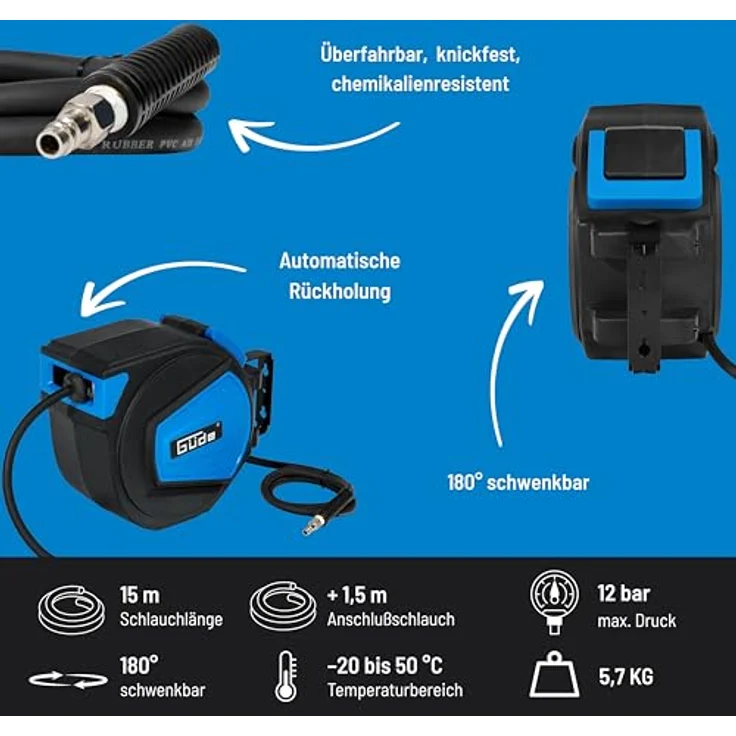 Güde Automatischer Schlauchaufroller 15 m, 12 bar max. Arbeitsdruck, 180° schwenkbar, knick- und abriebfester Hybridschlauch – Bild 3