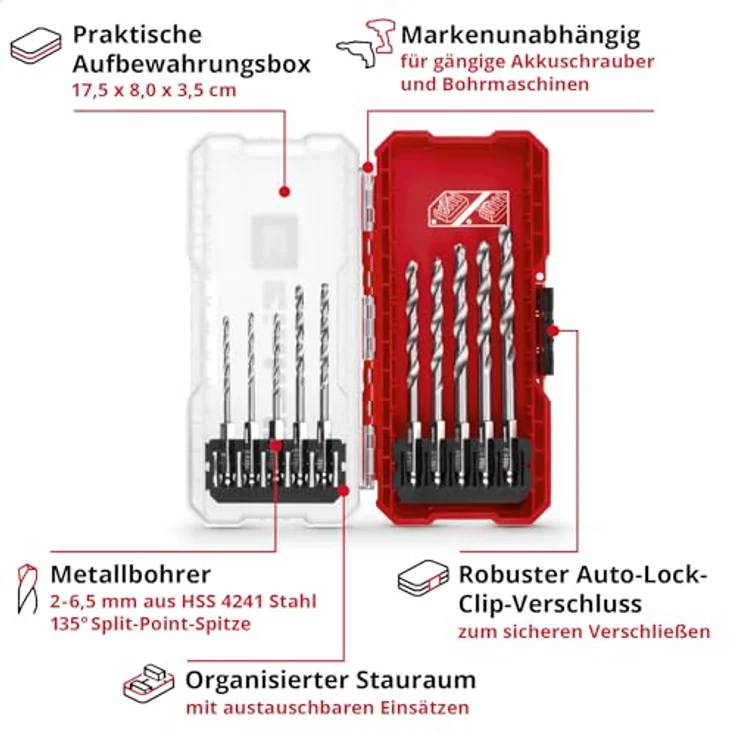 Einhell Original S-CASE 10-tlg. Metallbohrer-Set - HSS 4241 Stahl, E 6.3 Schaft, 135°-Split-Point-Spitze, rollgewalzte Typ N Spirale - inkl. Aufbewahrungsbox – Bild 3